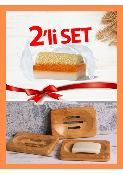 Keçi Sütlü Ballı Kabak Lifli Sabun + Bambu Katı Sabunluk (Doğal Ahşap) 2'li Set