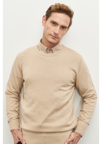 ALTINYILDIZ CLASSICS Erkek Bej Standart Fit Normal Kesim Bisiklet Yaka Yünlü Rahat Triko Kazak