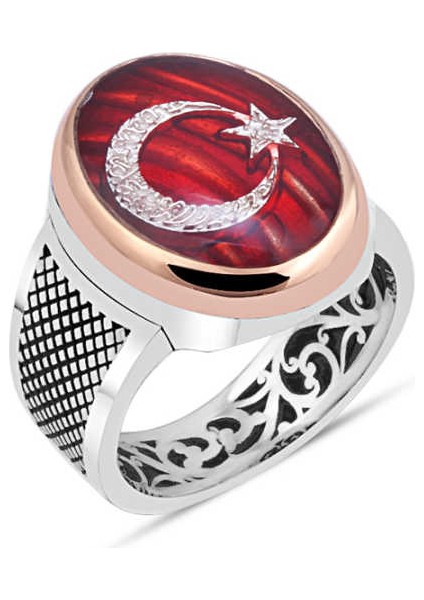 Kırmızı Mineli Hilalde Kelime-I Tehvid Yıldızda Besmele Yazılı Erkek Yüzük