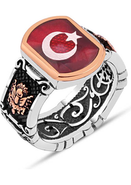 Kırmızı Mineli Ay-Yıldız Erkek Yüzük