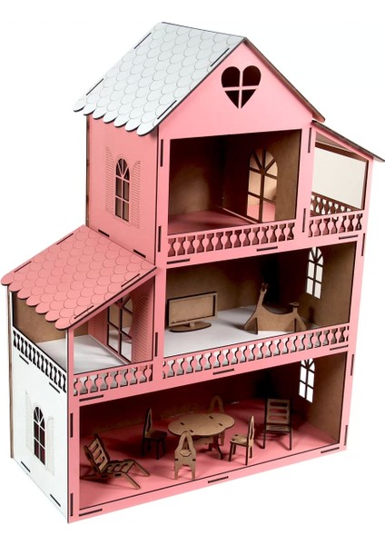 Oyuncak Ahşap Kalpli 3 Katlı Bebek Evi