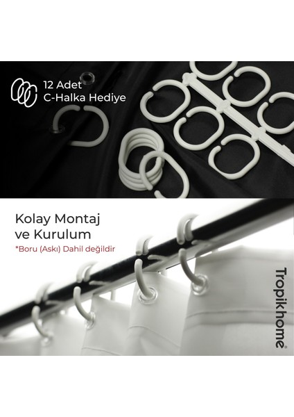 Duş Perdesi Seti, 12 Adet C Halkalı Banyo Perdesi-Banyo Duş Perdeleri-Banyo Aksesuarları fırsatları