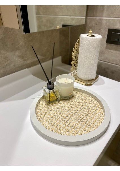 Rattan Hazeran Yuvarlak Tepsi Beyaz (%100 Doğal Hazeran)