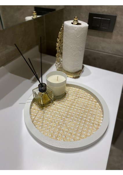 Rattan Hazeran Yuvarlak Tepsi Beyaz (%100 Doğal Hazeran)