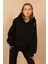 Petek Kumaş Uzun Kol Kapüşonlu Fermuar Detaylı Kadın Sweatshirt-Siyah 1