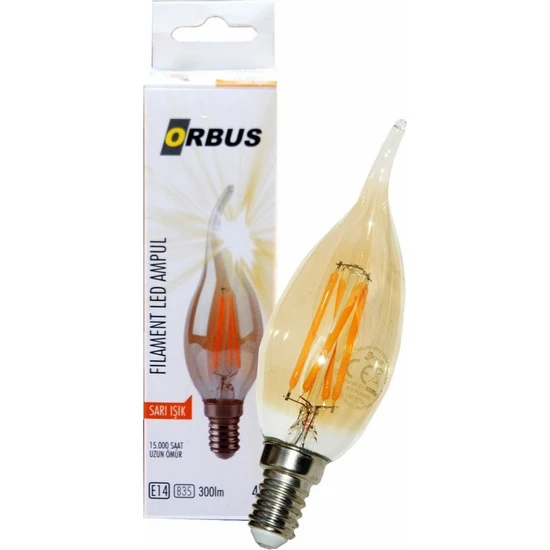 Orbus C37 4W Filament Bulb Amber Kıvrık Uç E14 300LM RA80 220 - 240V/50Hz Ampul - 2200K Sarı Işık