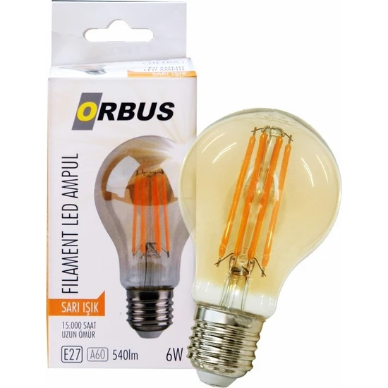 Orbus A60 6W Filament Bulb Amber E27 540LM RA80 220-240V/50Hz Ampul -2200K Sarı Işık