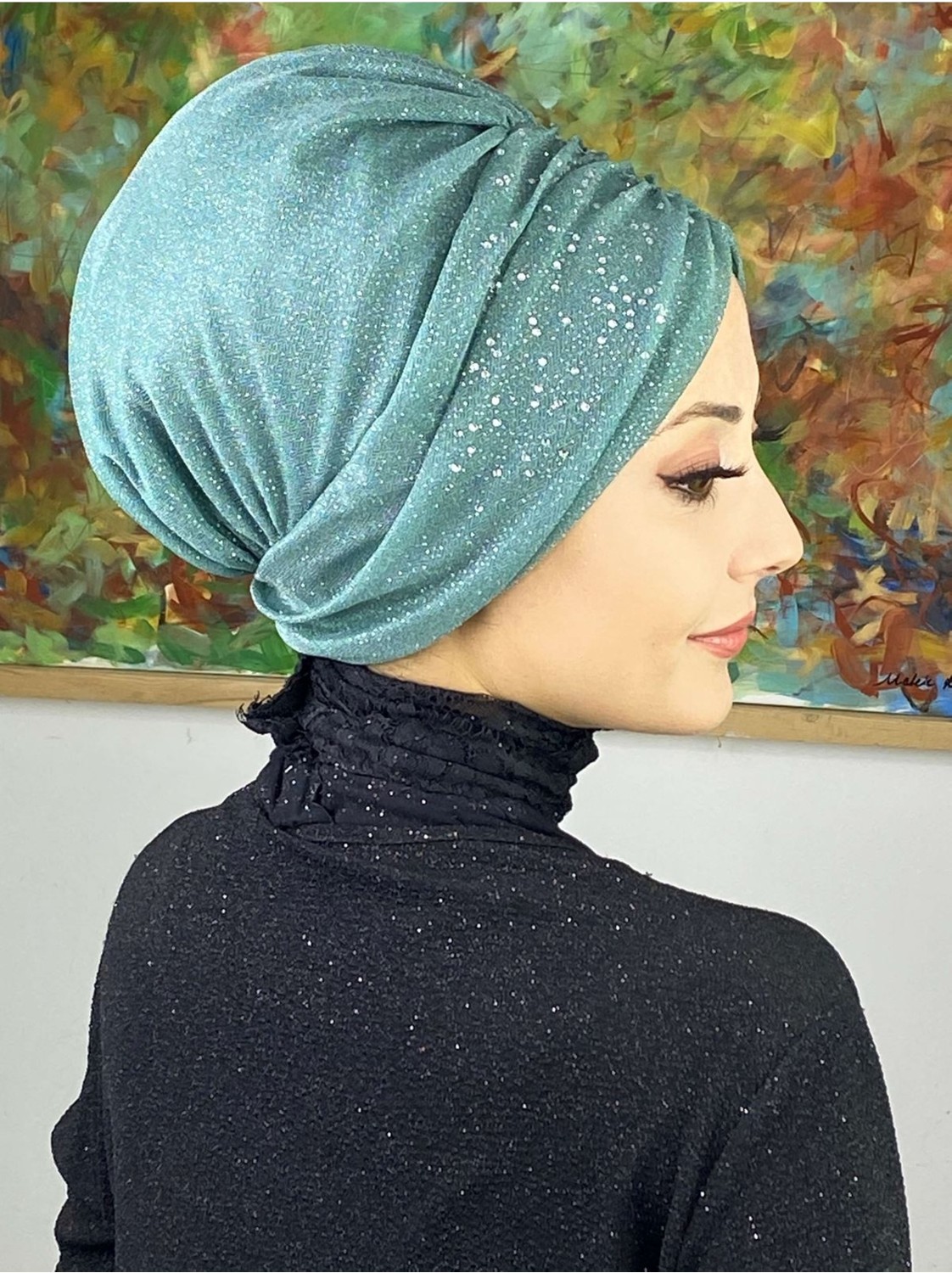 Butik Ambar Sultan Model Mor Simli Büzgülü Dış Bone görsel 3