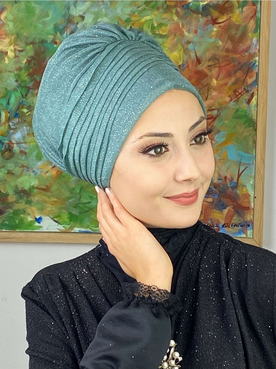 Butik Ambar Saray Model Açık Zümrüt Simli Yan Drapeli Dış Bone görsel 2