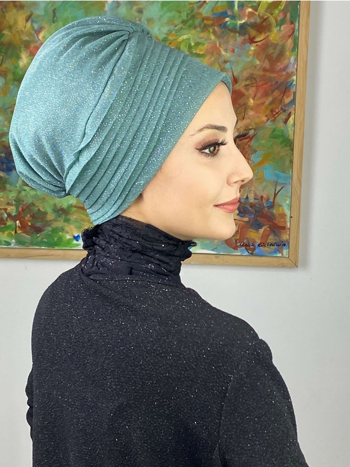 Butik Ambar Saray Model Açık Zümrüt Simli Yan Drapeli Dış Bone görsel 3