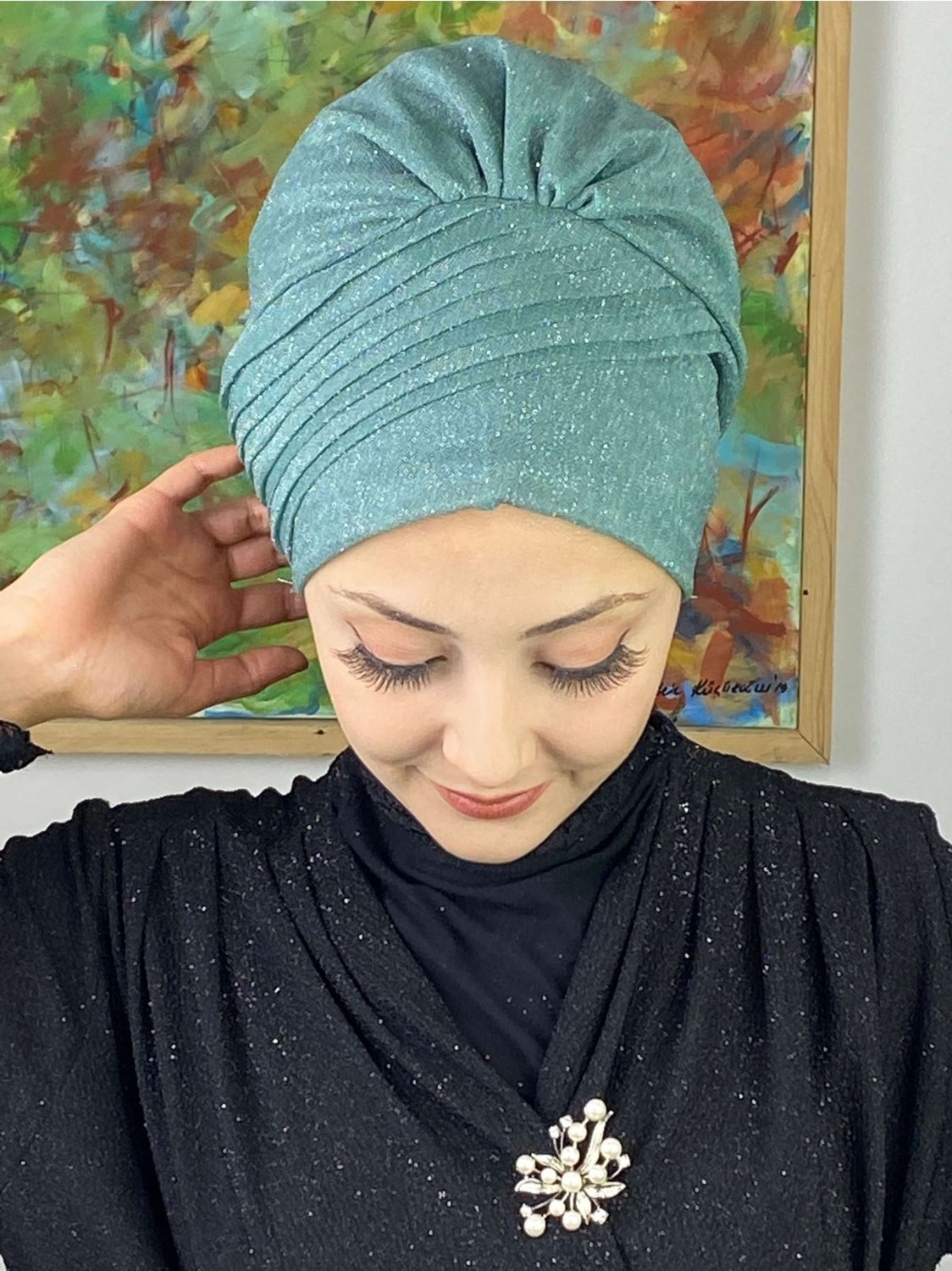 Butik Ambar Saray Model Açık Zümrüt Simli Yan Drapeli Dış Bone görsel 4