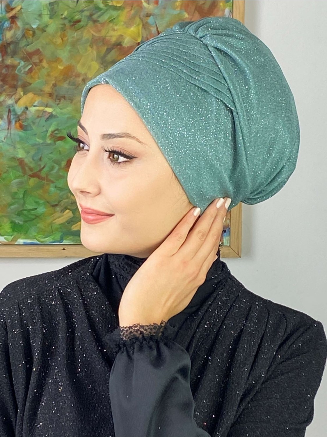 Butik Ambar Saray Model Açık Zümrüt Simli Yan Drapeli Dış Bone görsel 5