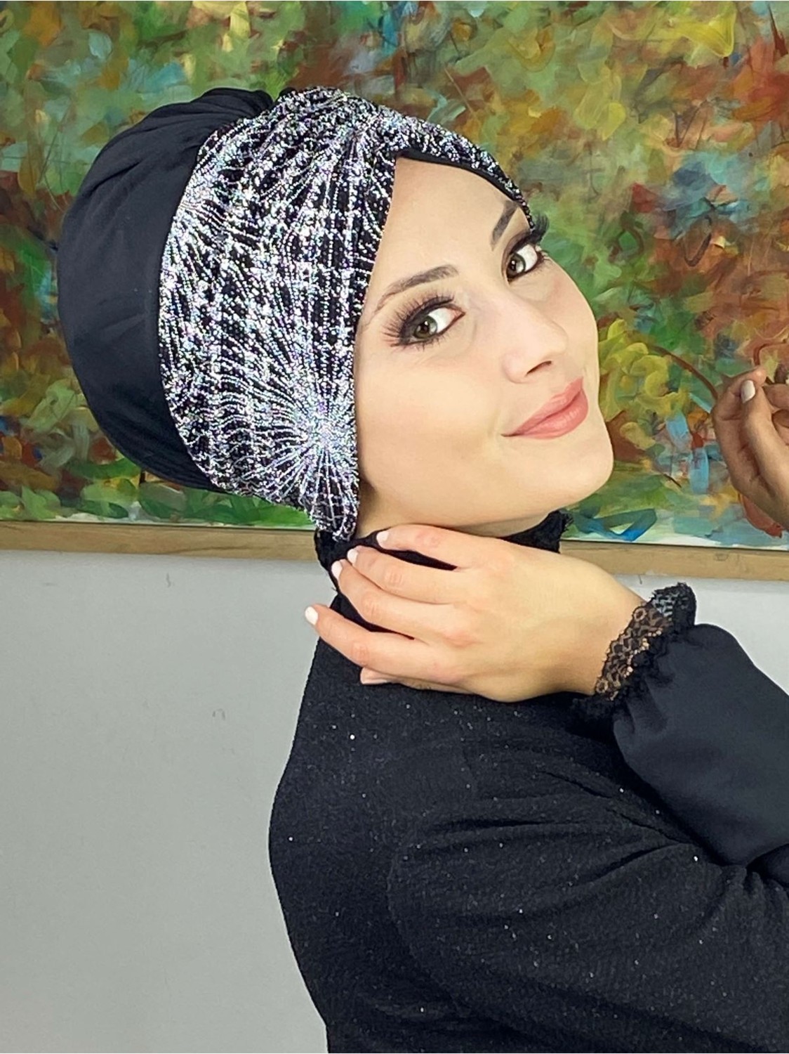 Butik Ambar Sultan Model Siyah&gümüş Büzgülü Dış Bone görsel 7