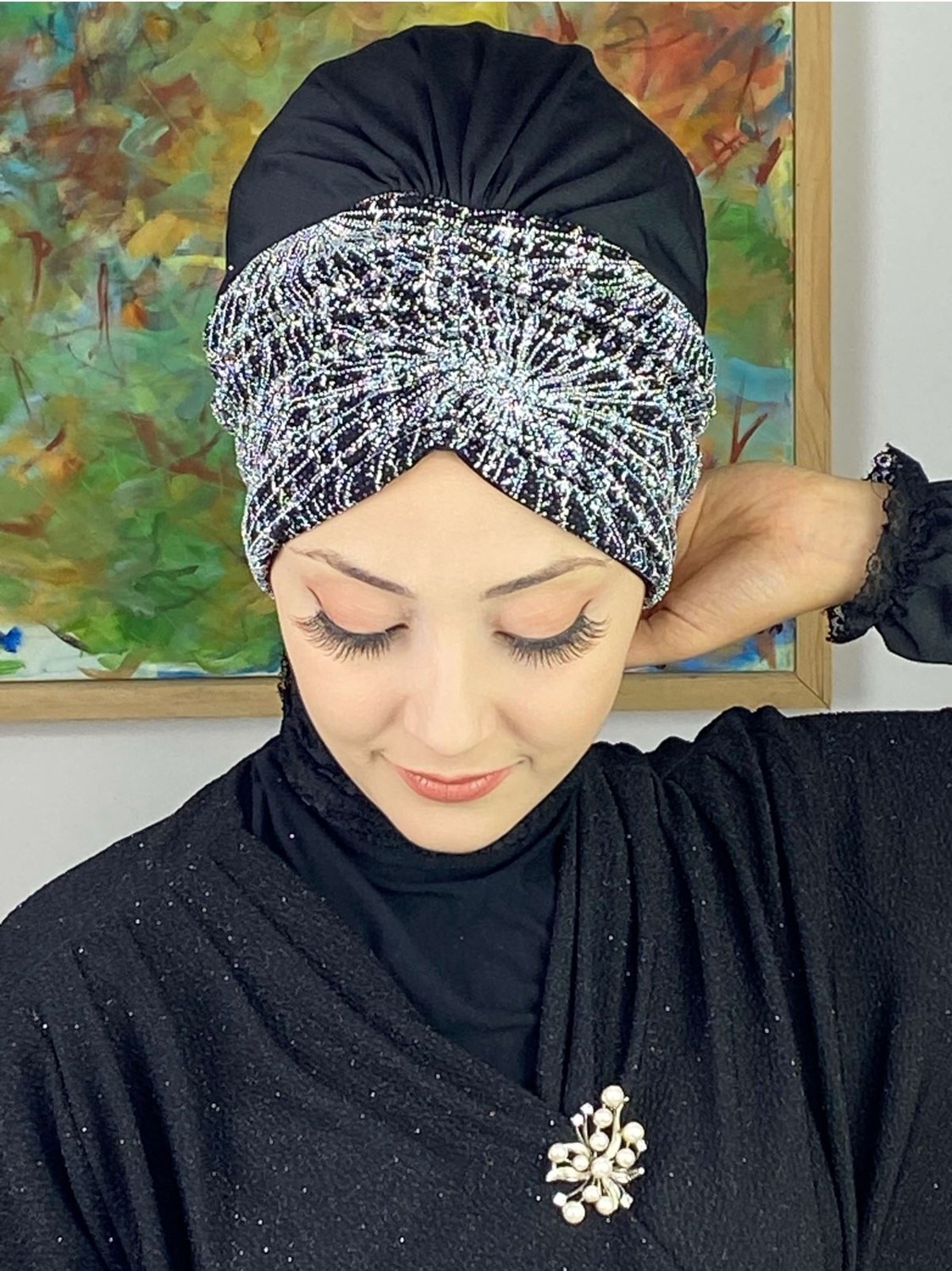 Butik Ambar Sultan Model Siyah&gümüş Büzgülü Dış Bone görsel 8