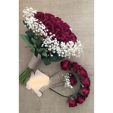 Hayalperest Boncuk Gelin Buketi Taç ve Damat Yaka Çiçegi Kadife Gül Diş Çekim Seti