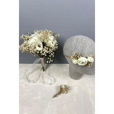 Hayalperest Boncuk Krem Şakayık Çiçekli Cipsolu Gelin Buketi Tacı ve Yaka Çiçeği Seti