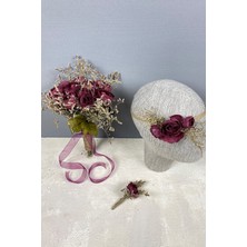 Hayalperest Boncuk Bordo Şakayık Çiçekli Deniz Otlu Gelin Buketi Tacı ve Yaka Çiçeği Seti