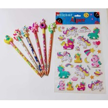 Sevgi Unicorn Başlıklı Kurşun Kalem 6 Lı Set ve A4 Unicorn Stickers 1 Set Alana 1 Set Bed