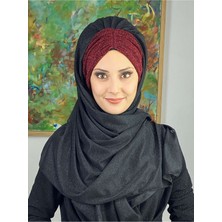Butik Ambar Çift Renkli Sultan Model Siyah Bordo Simli Şifon Büzgülü Şal