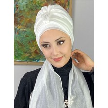 Butik Ambar Hürrem Beyaz Tek Biritli Simli Atkılı Bone