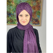 Butik Ambar Sultan Model Mor Simli Şifon Büzgülü Şal