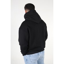 The Tab Collection Erkek Sweatshirt Kapüşonlu Baskılı Siyah Kalın İçi Polarlı