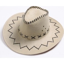 Epilons Bağcıklı Yetişkin Boy Nubuk Süet Kovboy Şapkası Krem Renk