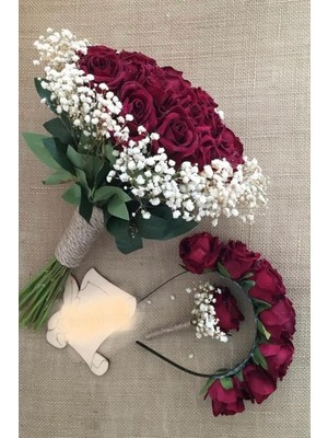Hayalperest Boncuk Gelin Buketi Taç ve Damat Yaka Çiçegi Kadife Gül Diş Çekim Seti