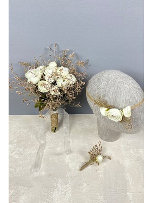 Hayalperest Boncuk Krem Şakayık Çiçekli Deniz Otlu Gelin Buketi Tacı ve Yaka Çiçeği Seti