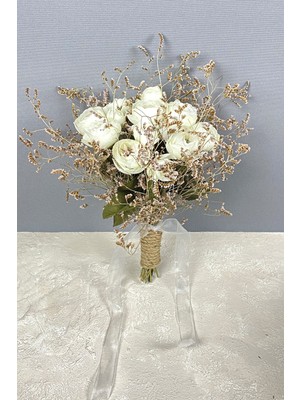 Hayalperest Boncuk Krem Şakayık Çiçekli Deniz Otlu Gelin Buketi