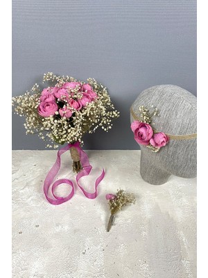Hayalperest Boncuk Pembe Şakayık Çiçekli Cipsolu Gelin Buketi Tacı ve Yaka Çiçeği Seti