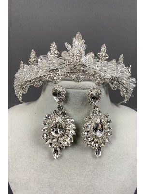 Hayalperest Boncuk Gümüş Lena Kristalli Gelin Tacı ve Taşlı Küpe Seti