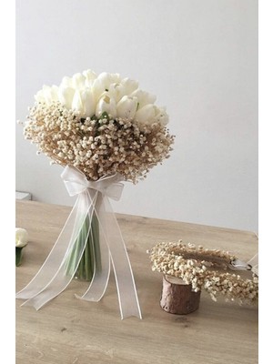 Hayalperest Boncuk Islak Lale Gelin Buket'i Yaka Çiçeği ve Dış Çekim Tacı