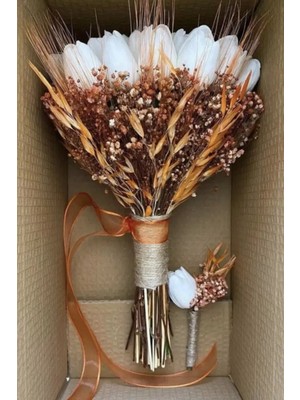 Hayalperest Boncuk Islak Laleli Gelin Buketi ve Damat Yaka Çiçeği