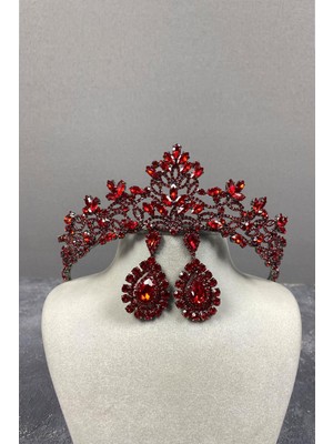 Hayalperest Boncuk Kırmızı Melis Gelin Kına Tacı ve Damla Taşlı Küpe