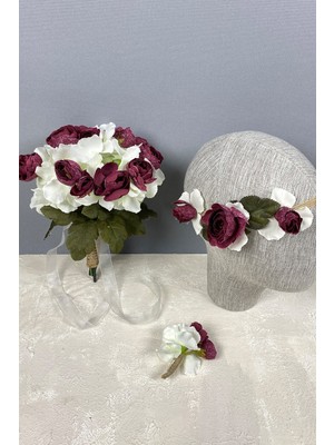 Hayalperest Boncuk Ortanca Şakayıklı Gelin El Buketi Saç Aksesuarı ve Yaka Çiçeği