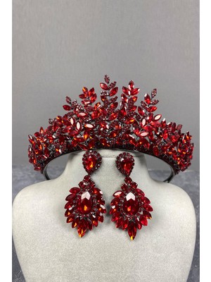 Hayalperest Boncuk Kırmızı Ezel 3 Boyutlu Gelin Kına Tacı ve Küpe Seti