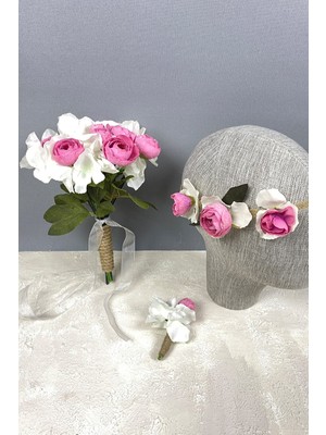 Hayalperest Boncuk Pembe Ortanca Şakayıklı Gelin El Buketi Saç Aksesuarı ve Yaka Çiçeği