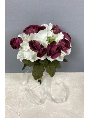 Hayalperest Boncuk Bordo Ortanca Şakayıklı Gelin El Buketi