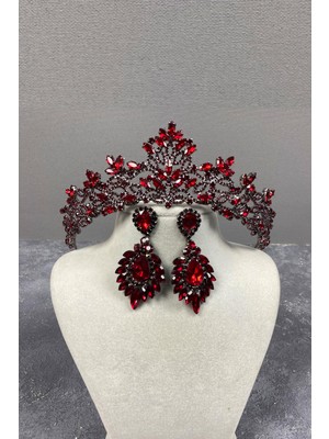 Hayalperest Boncuk Bordo Melis Gelin Kına Tacı ve Mekik Taşlı Küpe