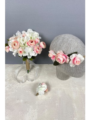 Hayalperest Boncuk Ortanca Şakayıklı Gelin El Buketi Saç Aksesuarı ve Yaka Çiçeği