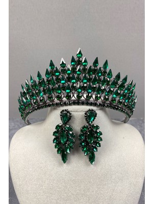 Hayalperest Boncuk Yeşil Damla 3 Boyutlu Gelin Kına Tacı ve Taşlı Küpe Seti