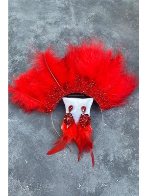 Hayalperest Boncuk Kırmızı Maya Tüylü Kristal Boncuklu Gelin Kına Tacı ve Küpesi