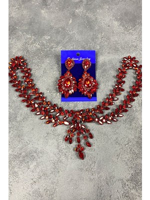 Hayalperest Boncuk Kırmızı Sultan Alınlık Gelin Kına Saç Aksesuarı ve Küpesi