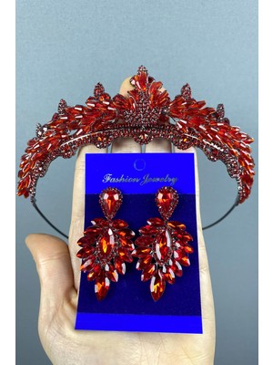 Hayalperest Boncuk Kırmızı Lena Kristalli Gelin Kına Tacı ve Küpe Seti