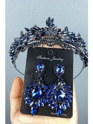 Hayalperest Boncuk Lacivert Lena Kristalli Gelin Kına Tacı ve Taşlı Küpe Set