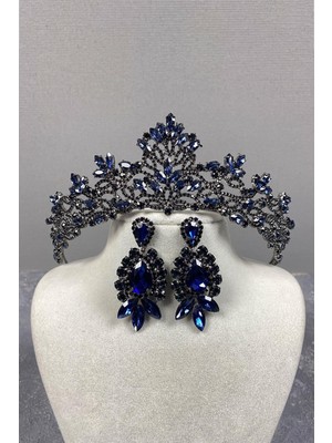 Hayalperest Boncuk Lacivert Melis Gelin Kına Tacı ve Mekik Taşlı Küpe Seti