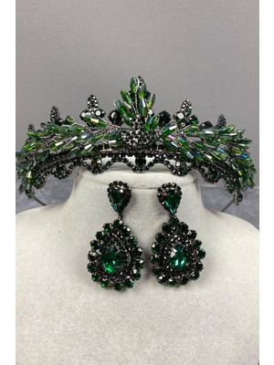 Hayalperest Boncuk Lena Kristalli Gelin Kına Tacı ve Taşlı Küpe Seti