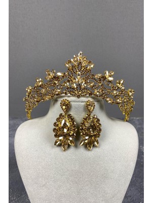 Hayalperest Boncuk Bal Rengi Melis Gelin Kına Tacı ve Mekik Taşlı Küpe Seti