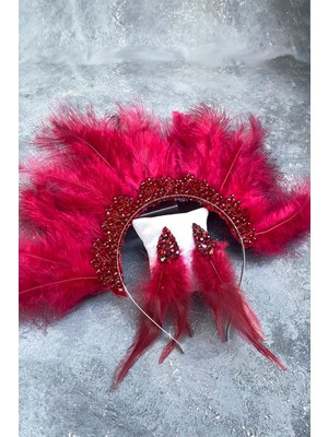 Hayalperest Boncuk Bordo Maya Tüylü Kristal Boncuklu Gelin Kına Tacı ve Küpesi